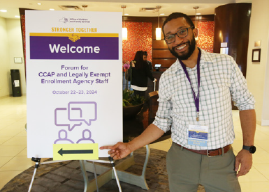 Education Specialist Paul Bien-Aime welcoming attendees to the
Forum for CCAP and Legally Exempt Enrollment Agency Staff.
